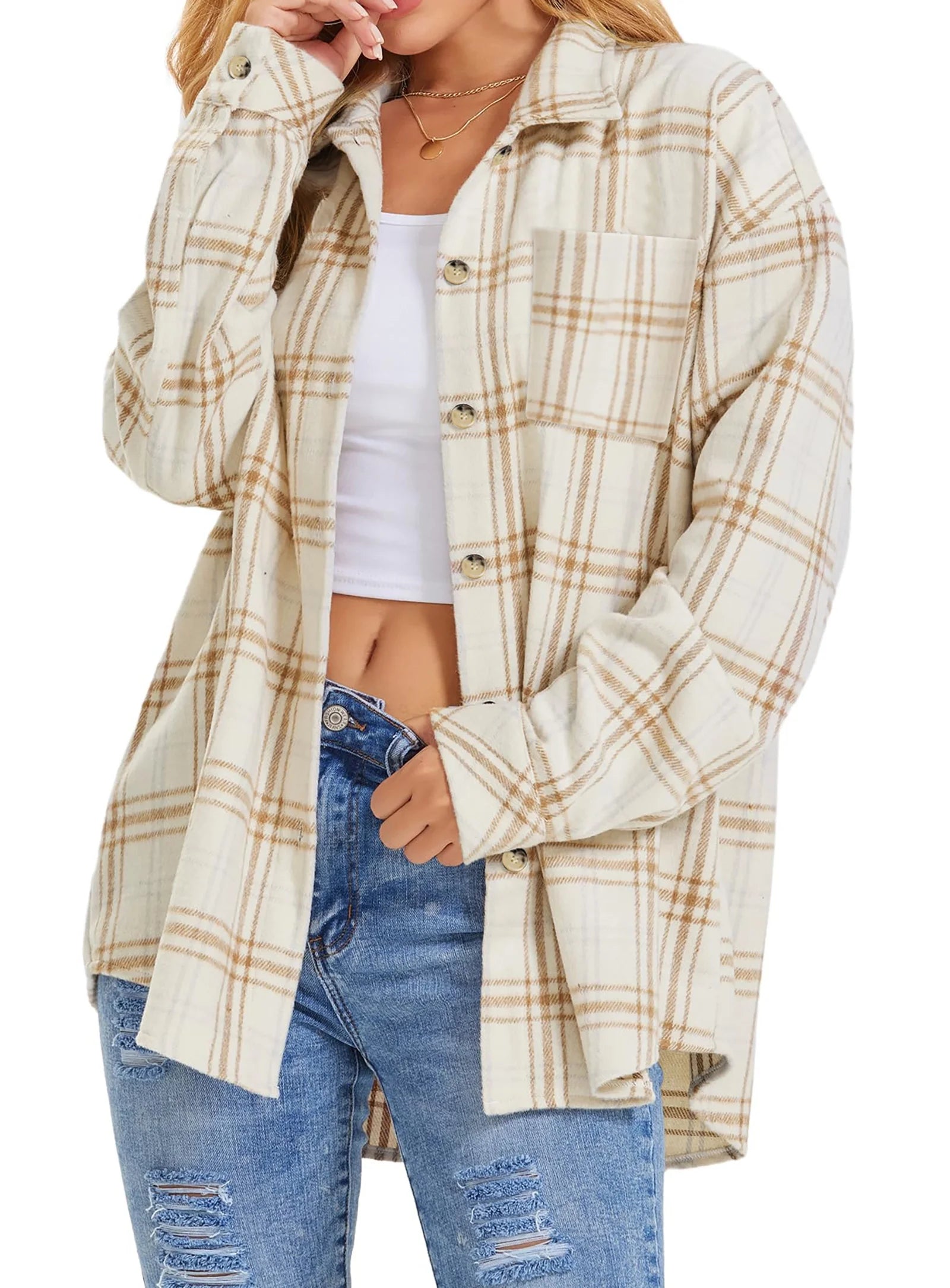 Womens Plaid Shirts Flannel Shacket Jacket Long Sleeve Button down Boyfriend Shirt Coats