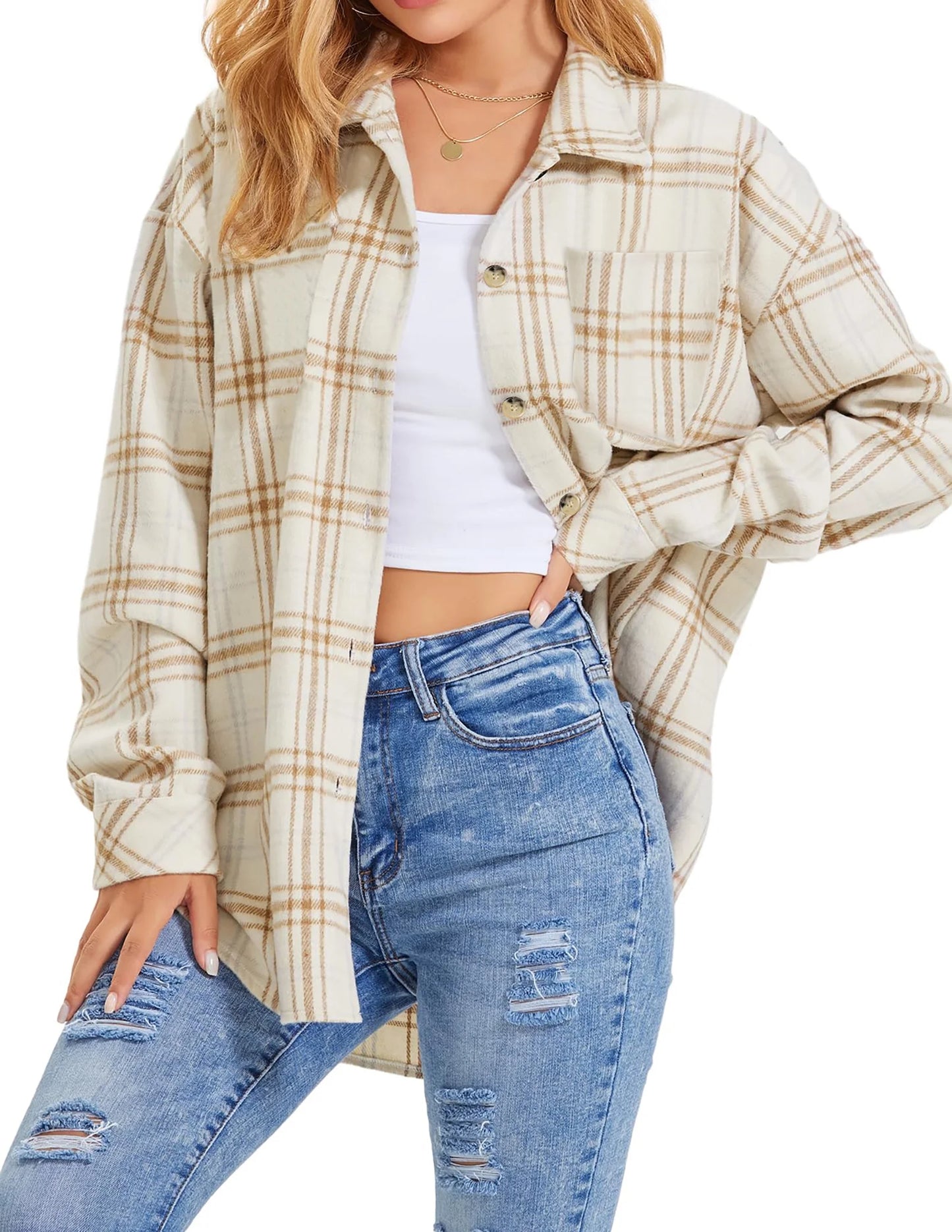 Womens Plaid Shirts Flannel Shacket Jacket Long Sleeve Button down Boyfriend Shirt Coats