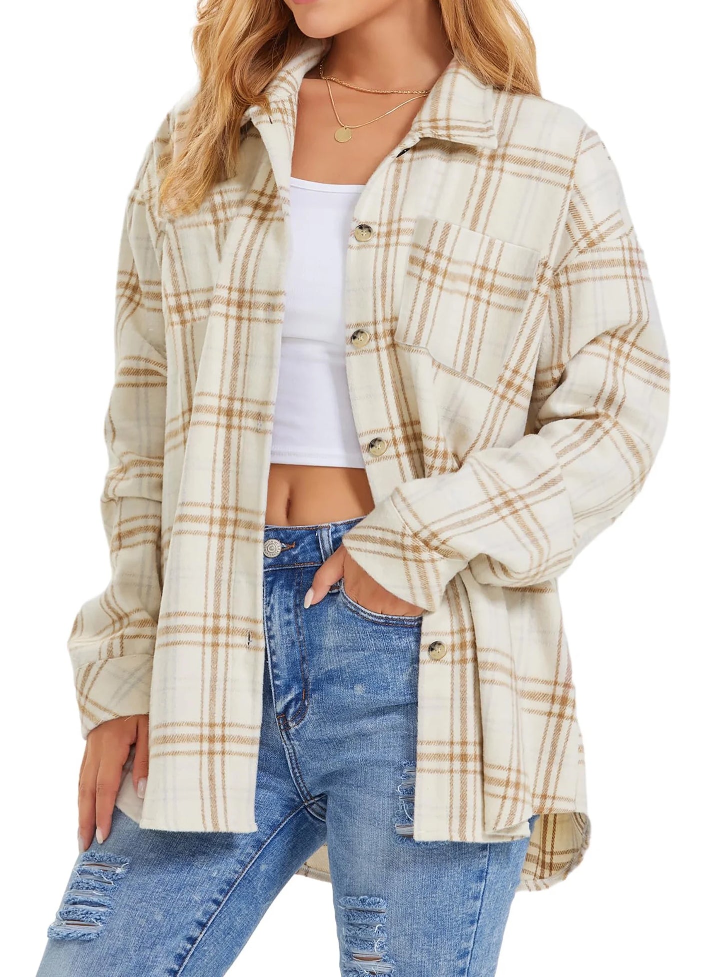 Womens Plaid Shirts Flannel Shacket Jacket Long Sleeve Button down Boyfriend Shirt Coats